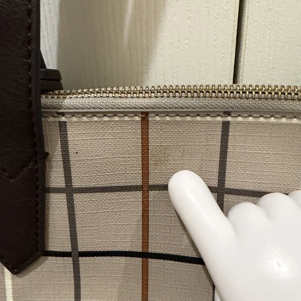 Fossil Sydney Large Tote Bag Gray Black Brown Plaid Windowpane PVC 17x12x4 - Picture 8 of 12
